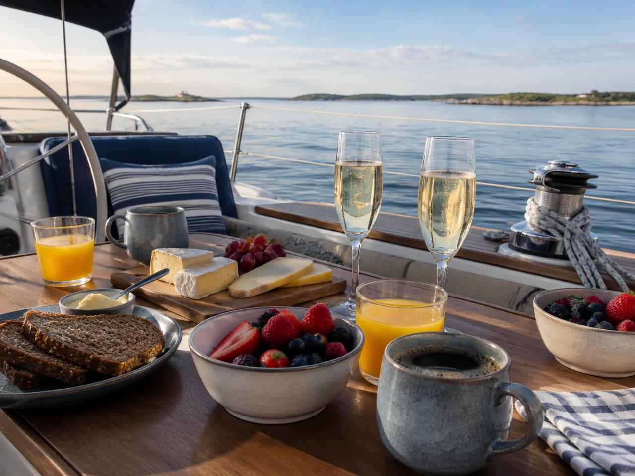 Brunch med rugbrød, ost, bær og champagne på cockpitbordet