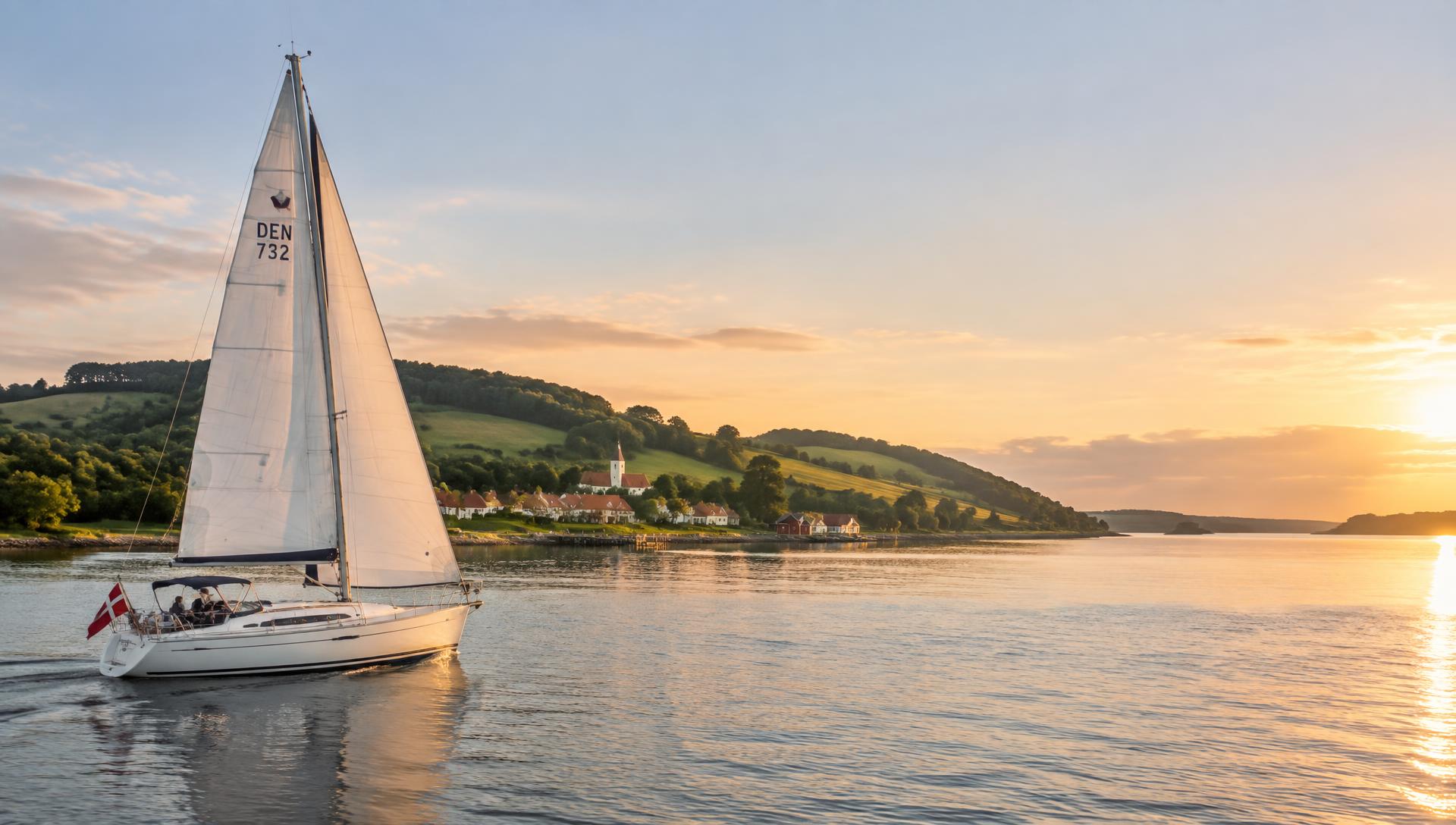 Sejlbåd på 38 fod på en rolig dansk fjord i solnedgang med en lille landsby på kysten
